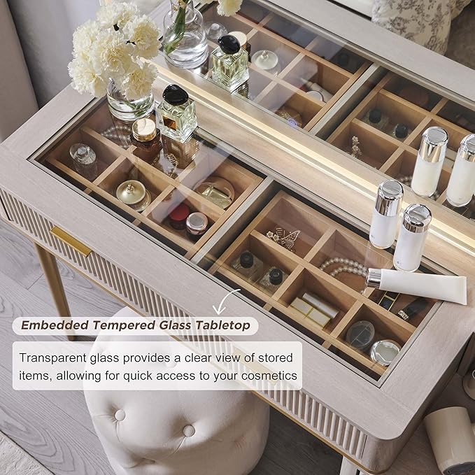 T4TREAM Fluted Makeup Vanity Desk with 36" HD Lighted Mirror, 48" Big Modern Vanity Desk with Mirror and Lights, Dressing Table with 5 Drawers & Shelves, Glass Top for Bedroom (Alder White)