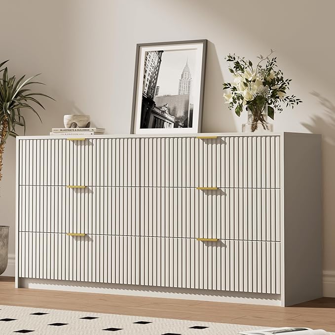 6 Drawer Dresser for Bedroom, 55" Wide Modern Chest of Drawers with Gold Metal Handles, Fluted Wood TV Stand for Living Room, Hallway(Beige)