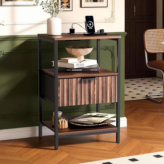 VINGLI Nightstand with Charging Station, Walnut Nightstand Fluted with Fabric Drawer, Bedside Table/End Table with Charger Station, Side Table Bedroom, Small Night Stand Dark Walnut