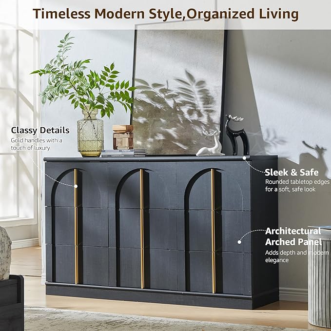 ACCOHOHO Arched Dresser for Bedroom with 9 Drawers, 52" Wide Modern Chest of Drawers with Rounded Edge & Metal Handles, Wood Storage Closet Dressers TV Stand for Living Room, Hallway, Black