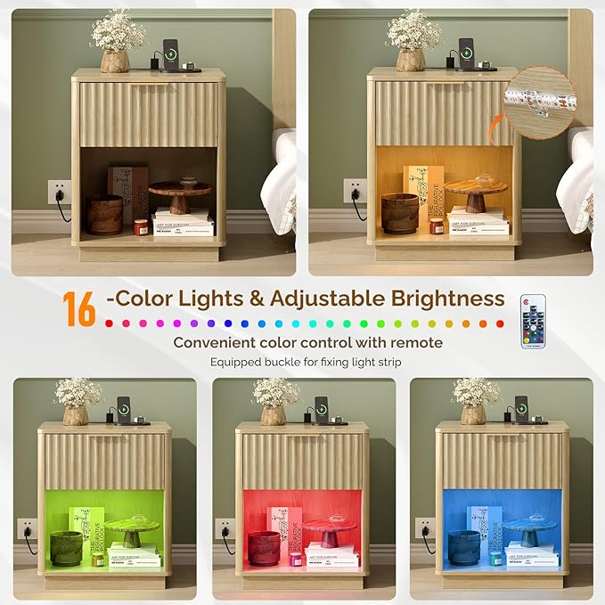 VINGLI Nightstands Set of 2 with Charging Station, LED Nightstand Fluted with Rounded Edge, 19"W Mid Century Modern Nightstand for Bedroom, Fluted Bed Side Table, Oak Night Stand, 18.9"W*15"D*22.4"H