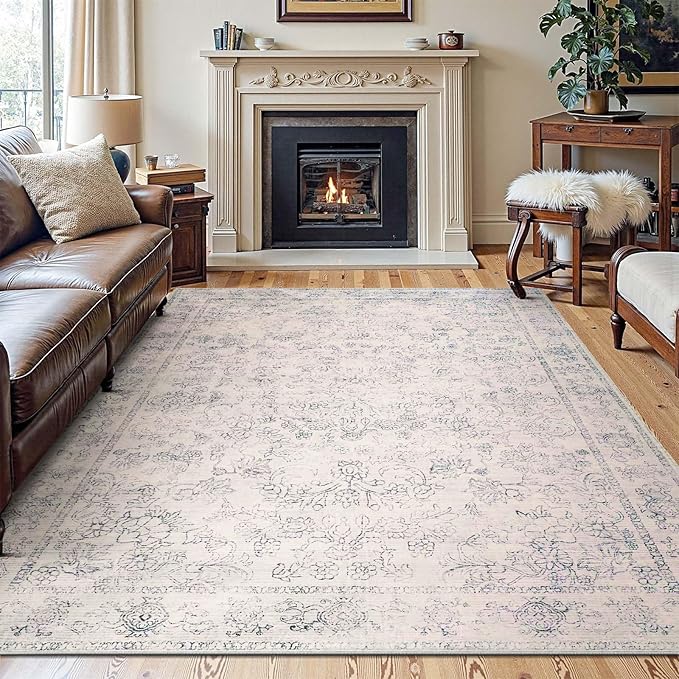 jinchan 8x10 Machine Washable Area Rugs for Living Room – Vintage Floral Soft Stain Resistant Low Pile Rug, Non Slip Ultra-Thin Carpet for Bedroom, Dining Room, Home Office, Nursery (8'x10', Ivory)