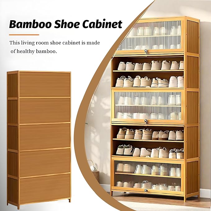 Tall Shoe Cabinet with Clear Doors, Large Capacity Bamboo Shoe Cabinet, 40-45 Pairs Shoe Rack Organizer for Closet Entrance, Hallway, Living Room, Bedroom