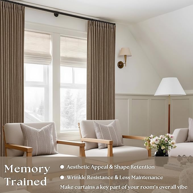 Brown 80 Inch Pinch Pleated Linen Curtains 2 Panels Set for Living Room Bedroom Boho Farmhouse Light Filtering Semi Sheer Back Tab Pinch Pleat Hooks Rings Window Curtain 80 Inches Long Dutch Cocoa