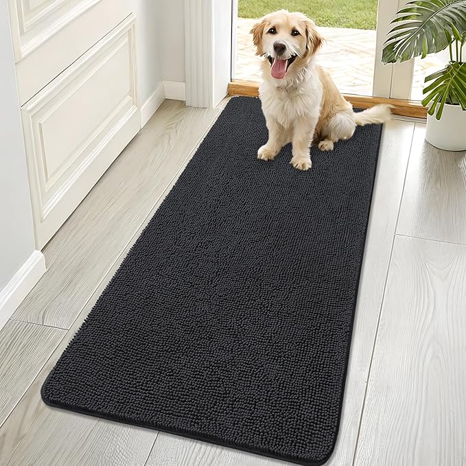 OLANLY Dog Door Mat for Muddy Paws 70x32, Absorbs Moisture and Dirt, Absorbent Non-Slip Washable Doormat, Quick Dry Chenille Mud Mat for Dogs, Entry Indoor Entryway Carpet for Inside Floor, Dark Grey
