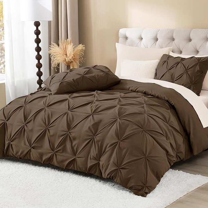 Litanika Brown Queen Pinch Pleat Duvet Cover, 3 Pieces Pintuck Cover Soft Microfiber Bedding Set with Zipper Closure & Corner Ties(90x90Inch-1 Duvet Cover, 2 Pillowcases)