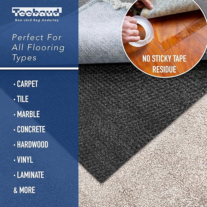 4' x 6' Non-Slip Rug Pad, Reversible Gripper, Non Skid Pads for Hardwood, Vinyl, Tile, Laminate Floors, Keep Area Rugs Secure, Natural Materials Safe for Indoor Flooring, ¼” Thick