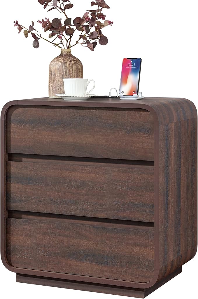 Walnut Nightstand with Charging Station, Modern Curved End Table with 3 Drawers, 25" Tall Wood Bedside Table, Mid Century Night Stand for Bedroom, Dorm, Sofa, Office