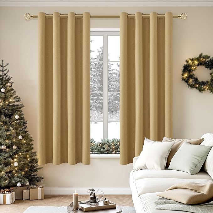 ChrisDowa 100% Blackout Mustard Yellow Solid Curtains 63 Inches Long 2 Panels for Bedroom Living Room,Farmhouse Room Darkening Thermal Insulated Soundproof Grommet Top Window Treatment Drapes,52x63