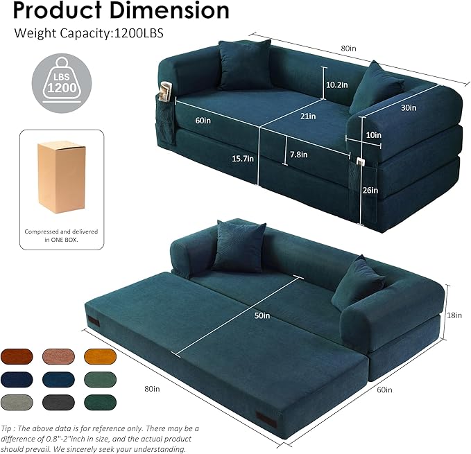 80" Convertible Sofa Bed, 3-in-1 Corduroy Folding Pull Out Couch with Pillows, No Assembly Modern Boneless Couch Compression Sofa in Box, Floor Sofa with Side Storage Pocket for Living Room,Dark Blue