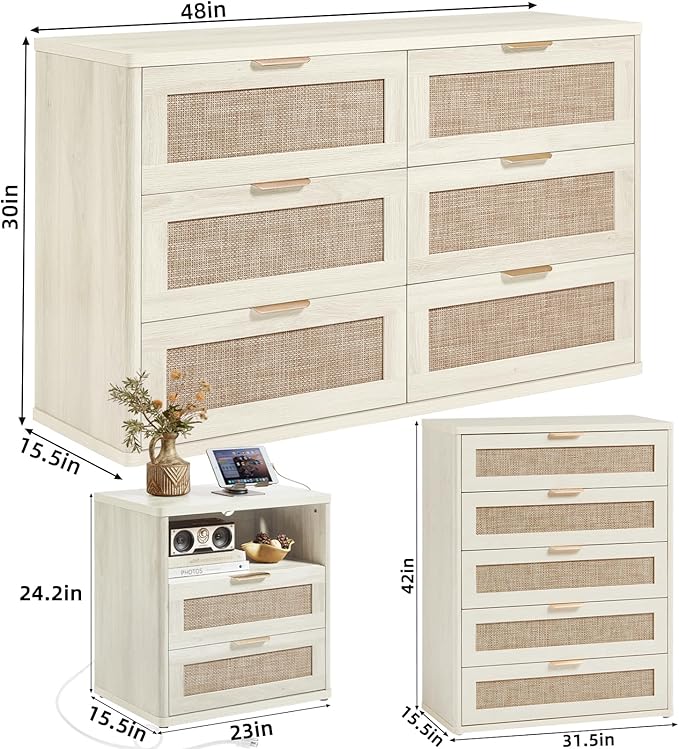 LEYAOYAO Rattan Dresser and Nightstand Set of 3, Boho Wood Dresser for Bedroom with 6 Drawers and Night Stand with Charging Station, Bedroom Furniture, Dressers & Chests of Drawers,Hallway,Living Room