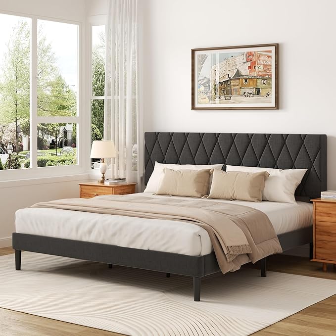 King Size Bed Frame with Diamond Tufted Headboard, Linen Upholstered Platform Bed and Wooden Slat Support, Noise-Free, No Box Spring Needed, Easy Assembly, Dark Grey