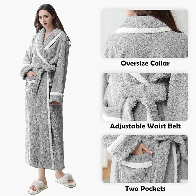 Oksun Womens Long Fleece Robe: Soft Fluffy Warm Bathrobe - Cozy Winter Housecoat Nigthgown with Chic Piping