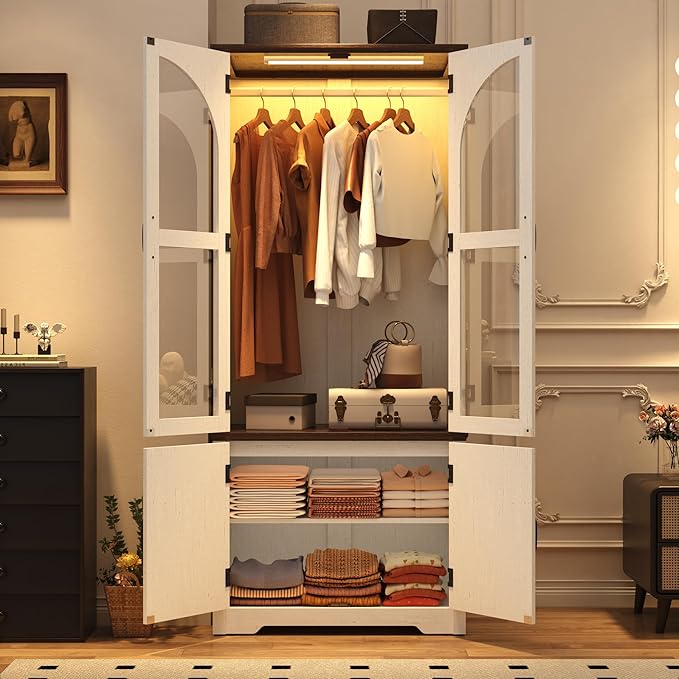 Tall Farmhouse 2 Doors Armoire Wardrobe Closet with LED ,72" Freestanding Arched Wardrobe Closet Cabinet for Bedroom w Glass Doors,Wooden Clothing Storage Cabinet,Closets for Bedroom(White)