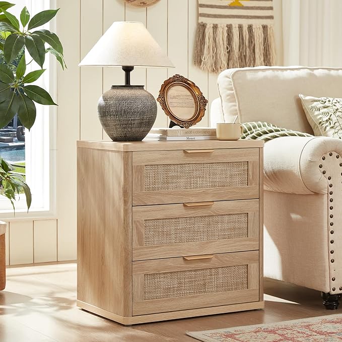 LEYAOYAO Rattan Dresser and Nightstand Sets 3, Boho Wood Dresser for Bedroom with 6 Drawers and Night Stand with 3 Drawer, Bedroom Furniture, Dressers & Chests of Drawers, Living Room, Hallway