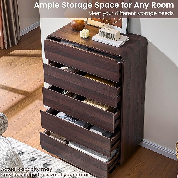 Walnut Dresser for Bedroom, Modern 5 Drawer Closet, Freestanding Dressers with Deep Drawers, Large Storage Organizer for Living Room, 29.5’’ W
