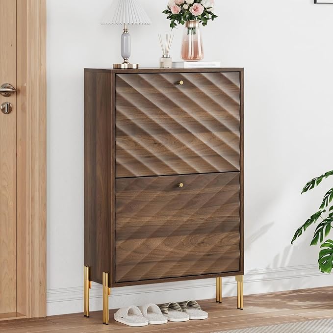 Shoe Storage Cabinet with Textured Diagonal Lines Doors 2 Flip Drawers, Walnut Narrow Shoe Cabinet Storage for Entryway, Freestanding Shoe Organizer Cabinet, Slim Shoe Rack Cabinet