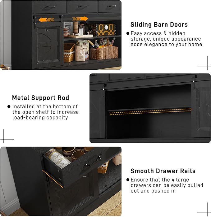 70” Large Long Buffet Sideboard Cabinet w/4 Drawer,Farmhouse Buffet Storage Cabinet,Sliding Door,Buffet Coffee Bar Cabinet, Credenza for Living Room,Black
