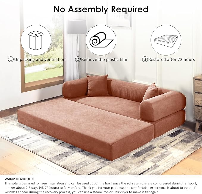 80" Convertible Sofa Bed, Corduroy Deep Seat Folding Pull Out Couch with Pillows, No Assembly Modern Boneless Couch Compression Sofa in Box, Floor Sofa with Storage Pocket for Living Room,Pink