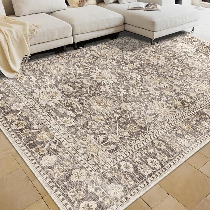 7X9 Area Rugs Machine Washable Rugs for Living Room Bedroom Hallway, Non Slip Indoor Soft Accent Distressed Boho Vintage Print Lightweight Thin Low Pile Carpet (Coffee, 7x9)