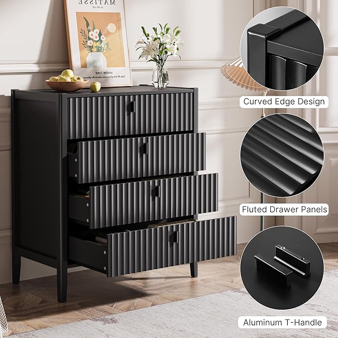 4 Drawer Dresser, Modern Chest of Drawers for Bedroom, Wood Fluted Dresser Organizer with Deep Drawers for Clothes, Nightstand for Bedroom, Hallway, Living Room, Entryway, Black