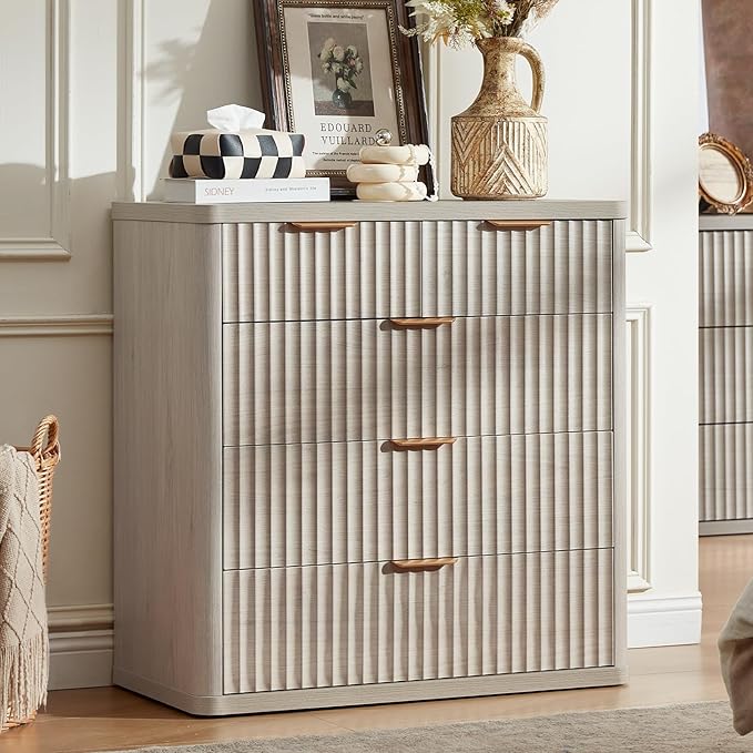 LEYAOYAO Fluted 5 Drawers Dresser for Bedroom, 34" Tall Modern Chest of Drawers with Metal Handle, Curved Profile Design,Wood Drawer Organizer for Bedroom, Living Room, Hallway, Entryway,Lightgrey