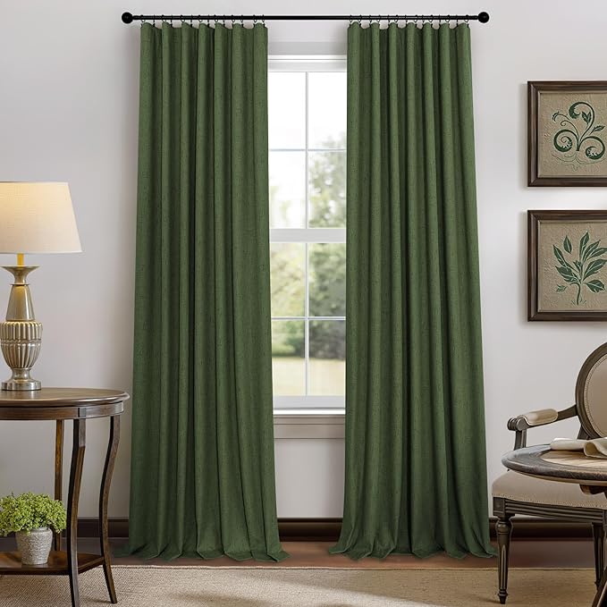 Pitalk Olive Green Blackout Curtains 63 Inch Length 2 Panel for Boys Bedroom Kids Nursery Decorative Linen Room Darkening Grass Forest Green Curtains Sound Draft Cold Heat Light Blocking Retro Vintage