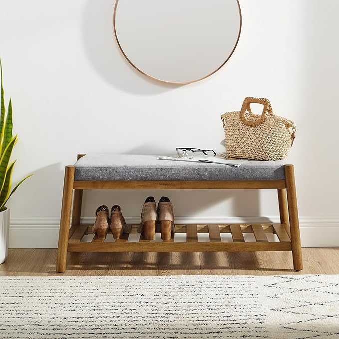 Upholstered Entryway Bench, Bedroom Bench for End of Bed, Dining Bench with Padded Seat for Kitchen, Living Room, Fabric Rubber Wood Indoor Bench (Grey)
