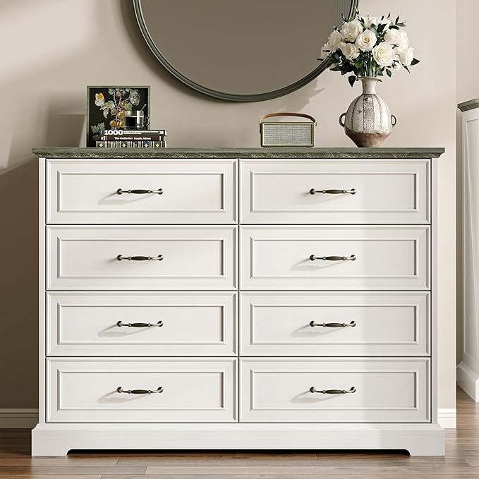 Farmhouse 8 Drawers Dresser for Bedroom, 48" Wide Wood Chest of Drawers with Deep Drawers & Bar Handles, Modern Dresser TV Stand, Rustic Wooden Closet Storage Organizer for Living Room, Hallway, White