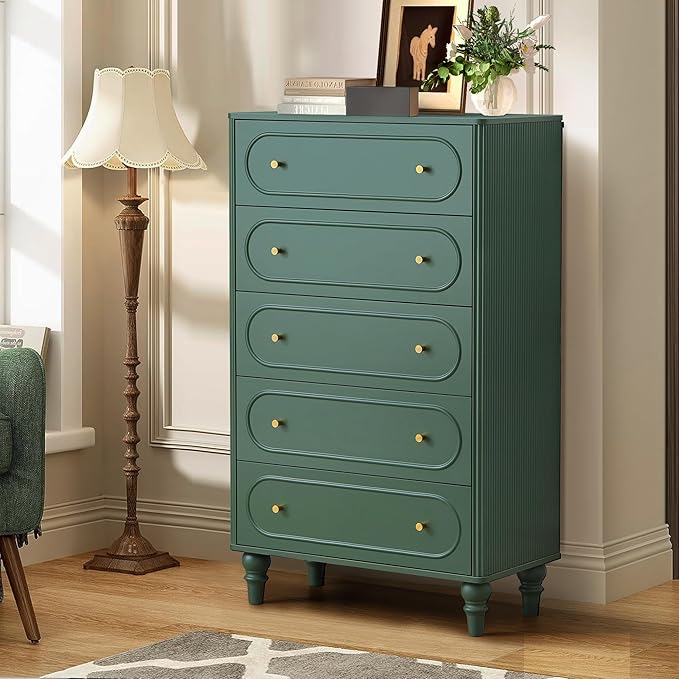5 Drawer Fluted Dresser for Bedroom Set of 2, Mid Century Modern Chest of Drawers, Wood Storage Large Dresser Organizer for Bedroom Living Room Hallway Closet, Green
