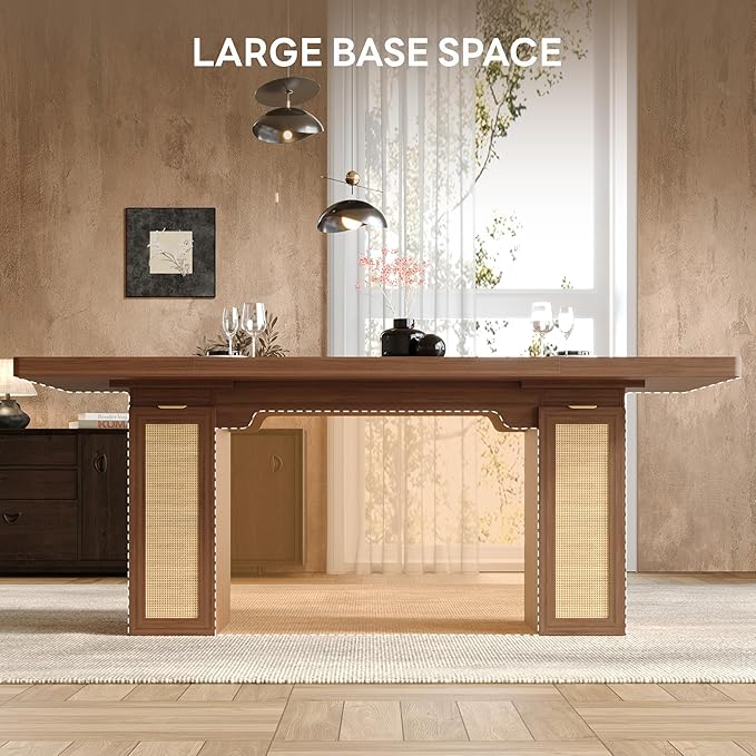 LIKIMIO 78.7" Farmhouse Dining Table for 6-8 People, Extra Thick Wood Top with 2 Hidden Adjustable Storage Drawers, Modern Woven Rattan Table for Dining Room, Kitchen, Living Room, Vintage Brown