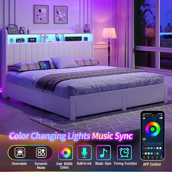 King Size Bed Frame with LED Light and Charging Station, Upholstered Bed Frame with 4 Drawers and 2-Tier Storage Headboard, Easy Assembly, Wooden Slats Support, No Box Spring Needed