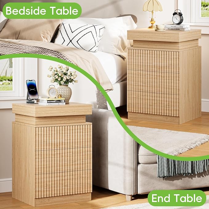 Nightstands Set of 2 with Charging Station & LED Lights, Modern Small Fluted Bedside & End Tables with 3 Drawers, Sliding Top & Hidden Storage, Wooden Farmhouse Night Stand for Bedroom, Natural Oak