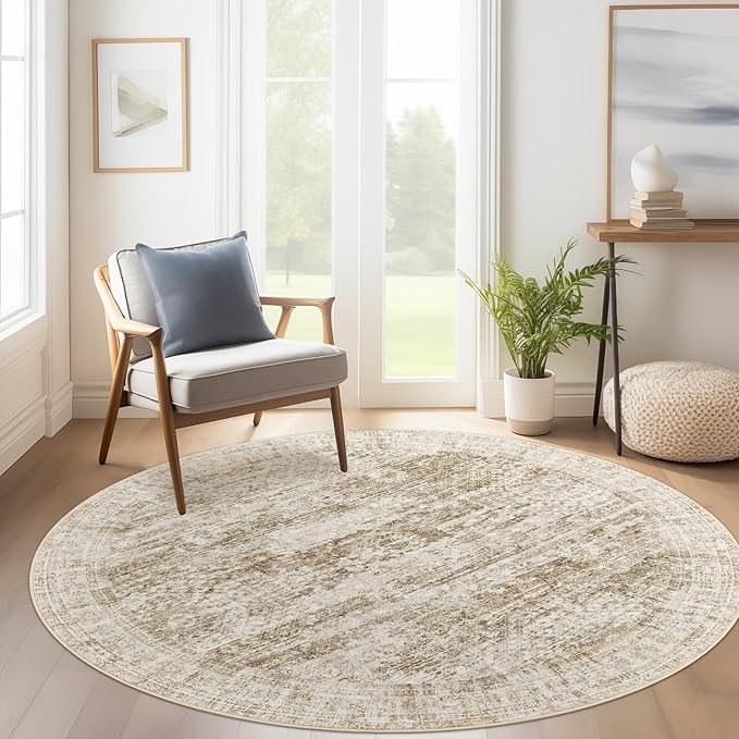 6x6 Brown Round Rug 6ft Living Room Circle Rug Vintage Round Area Rug Non Slip Indoor Carpet for Dining Room Bedroom
