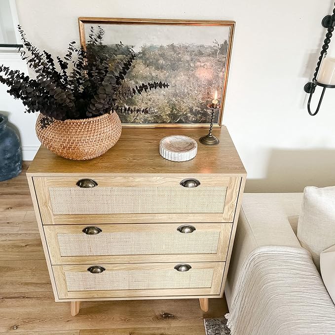 PHI VILLA Rattan Dresser - Nightstand with Drawer Boho Small Cabinet 3 Drawer Dresser, Bedside Table
