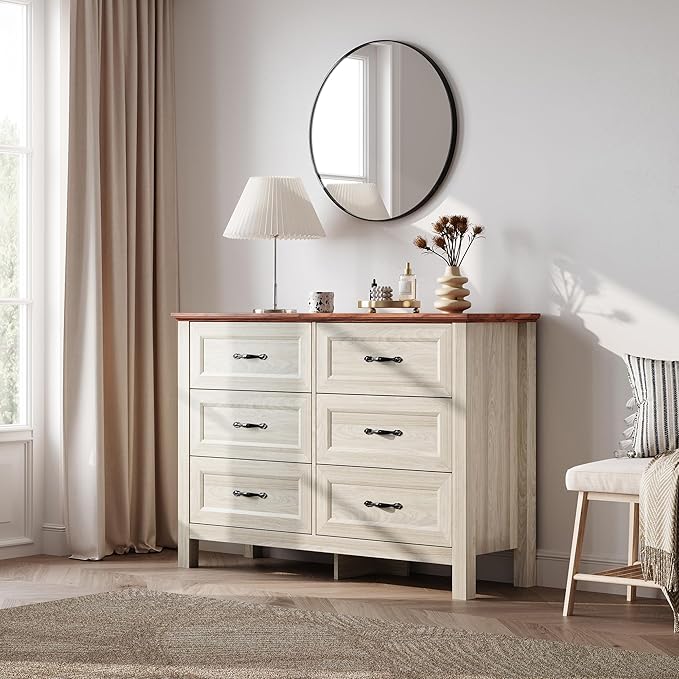 LINSY HOME 6 Drawers Dresser for Bedroom, 47" Wide Wooden Storage Chest with Antique Handles, Modern Farmhouse Dresser TV Stand with Wood Legs for Closet, Living Room, Hallway, Beige