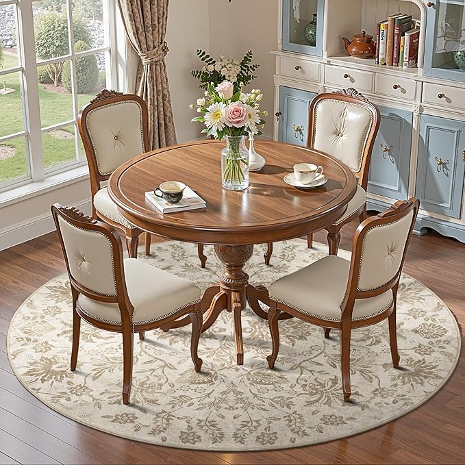 jinchan Torino Classic Floral Round Rug 6ft, Vintage-Inspired Neutral Design 6’Circle Rug, Machine Washable Ultra-Thin Low-Pile Non-Slip Indoor Carpet for Bedroom Living Room Entryway, Taupe