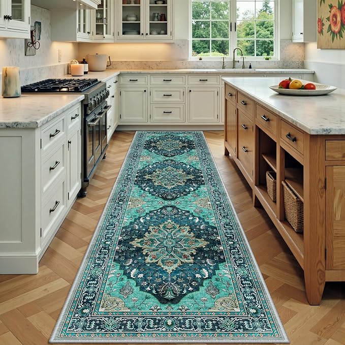 Area Rugs 3'x9' Washable Non-Slip, Floral Vintage Distress Print Pattern Medallion Carpet for Living Room Bedroom Dining Room, Teal Green Lake Blue Turquoise