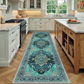 Area Rugs 3'x9' Washable Non-Slip, Floral Vintage Distress Print Pattern Medallion Carpet for Living Room Bedroom Dining Room, Teal Green Lake Blue Turquoise
