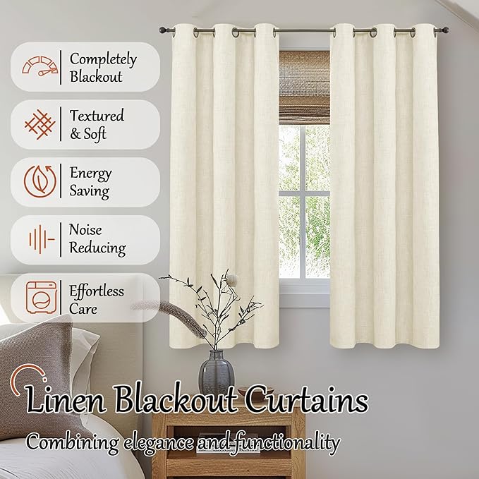 Linen Blackout Curtains for Bedroom Narrow Window, Thermal Insulated Complete Light Blocking Privacy Soundproof Small Curtains for Basement, Each 38 Inch Wide 63 Inch Length 2 Panels, Cream