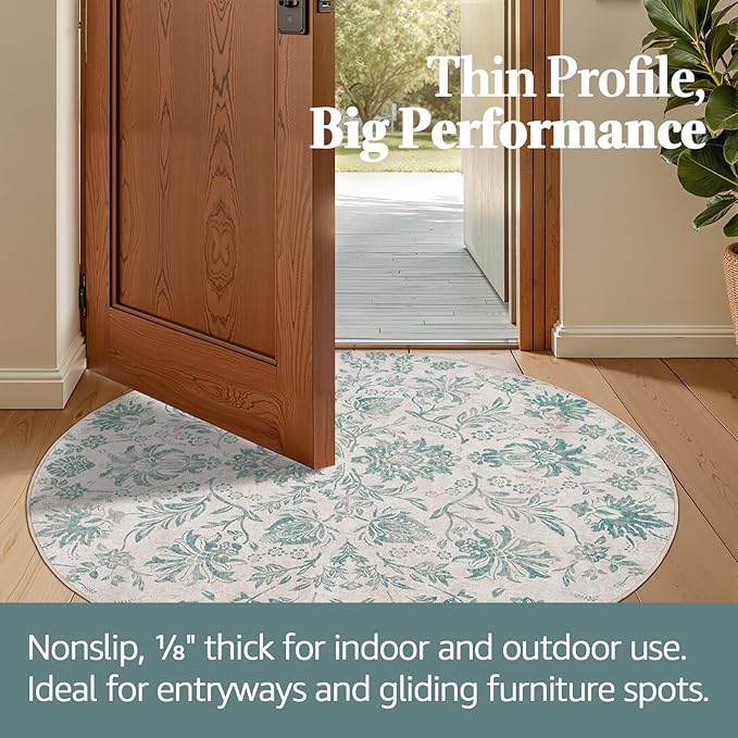 jinchan Torino Classic Floral Round Rug 6ft Vintage-Inspired Design 6’Circle Rug Machine Washable Ultra-Thin Low-Pile Non-Slip Indoor Carpet for Bedroom Dining Room Living Room Entryway