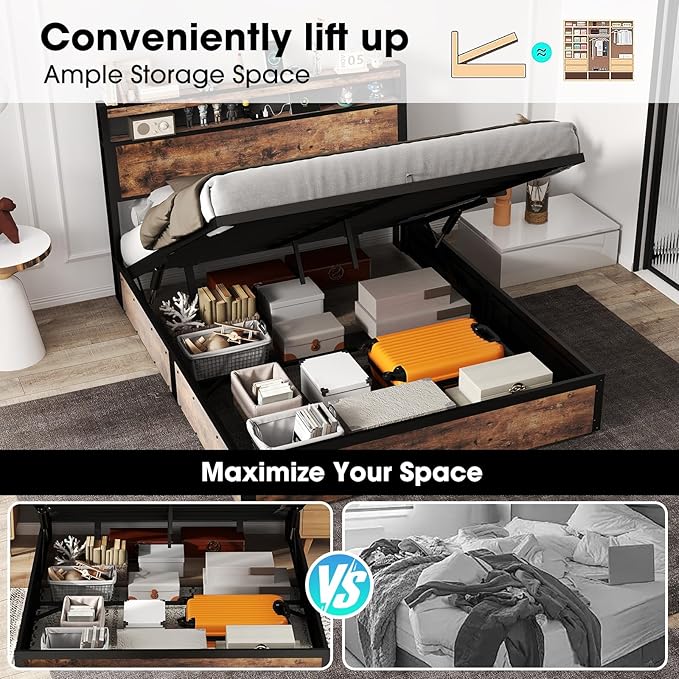 Full Size Lift Up Storage Bed Frame with Charging Station, 2 Tier Wood Storage Headboard with Led Lights, Heavy Duty Metal Slats Support/Hydraulic Storage/Noise-Free/Brown