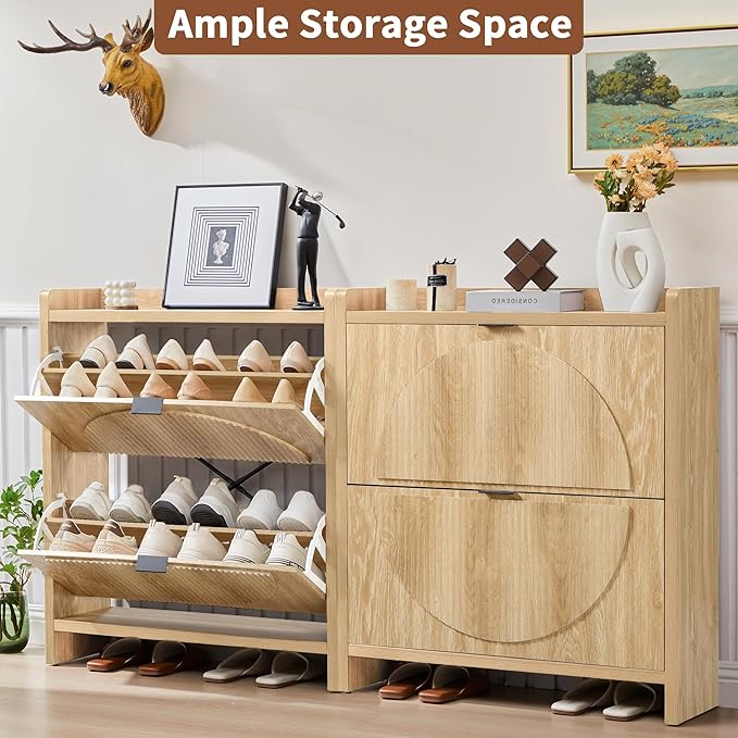 Narrow Shoe Cabinet with 2 Flip Drawers for Entryway,Wood Slim Shoe Rack Cabinet, Freestanding Hidden Shoe Storage Organizer, Space-Saving, Round Fluted Pattern for Hallway, Living Room (Natural)