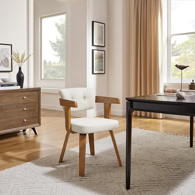 Art Leon Modern Dining Chairs - Set of 2 Mid Century Dining Chairs Fabric Upholstered Swivel Chairs Comfy Desk Chair No Wheels Accent Arm Chair for Kitchen Living Room Study, Off White/Walnut