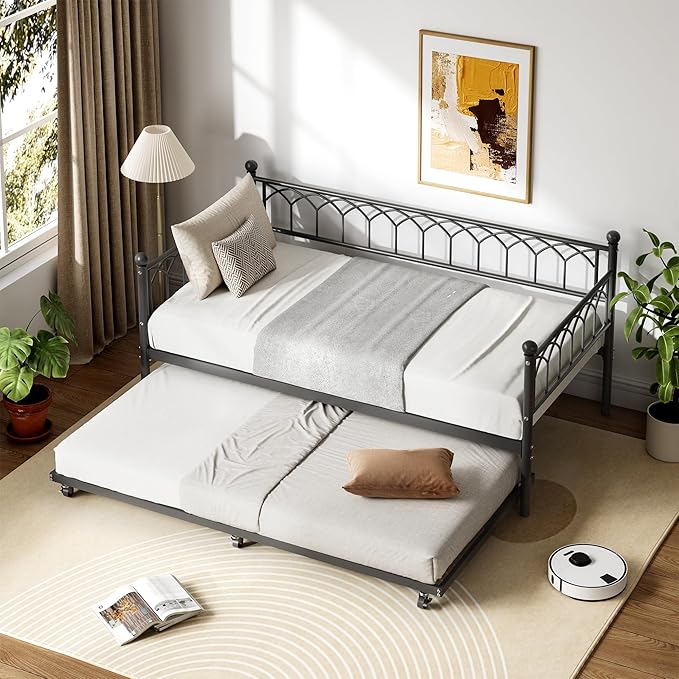 GarveeHome Twin Size Metal Roll Out Trundle Bed Frame with Wheels and Slats Support, Black