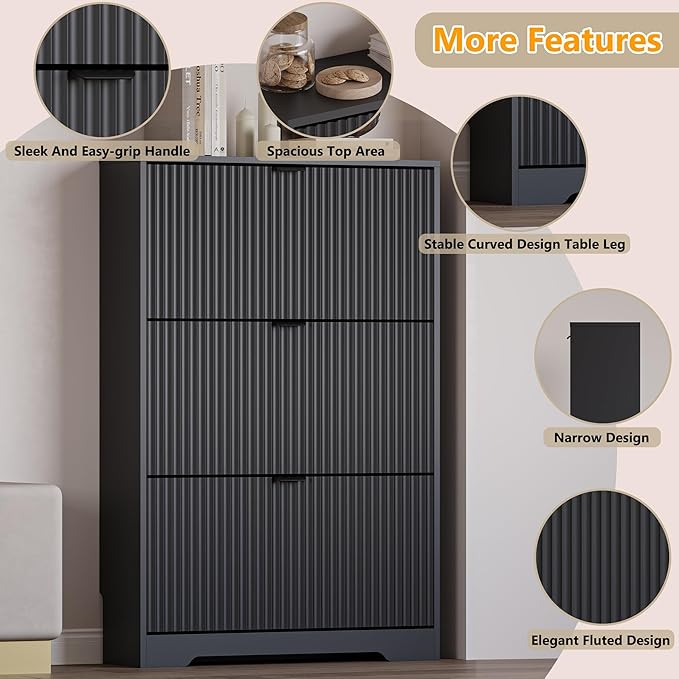 Entryway Shoe Cabinet with 3 Flip Drawers, Narrow Shoe Organizer Cabinet with Fluted Panel and Adjustable Shelves for Foyer, Hallway