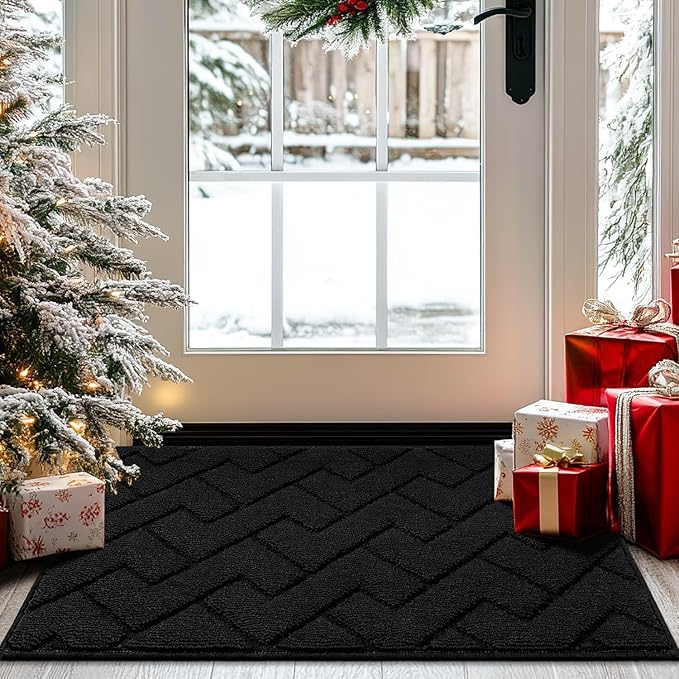 hicorfe Indoor Doormat,Welcome Door Mat TPR Backing Non Slip Mats 20"x31.5" Absorbent Resist Dirt Entrance Doormat Inside Floor for Entryway Washable Low-Profile (Black)