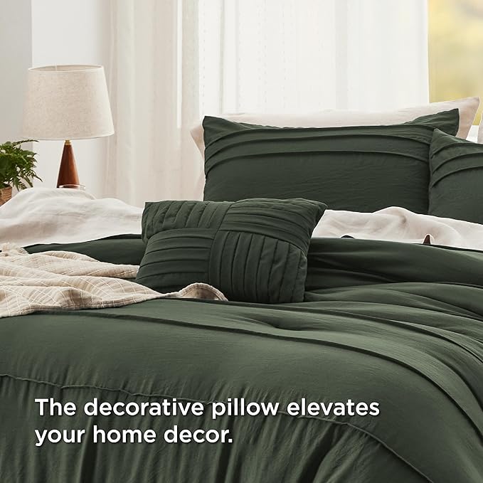 Bedsure Twin Comforter Set - 3 Pieces Pinch Pleat Bed Set, Olive Green Boho Bedding for All Season, 1 Soft Comforter, 1 Pillowcase, 1 Decorative Pillow