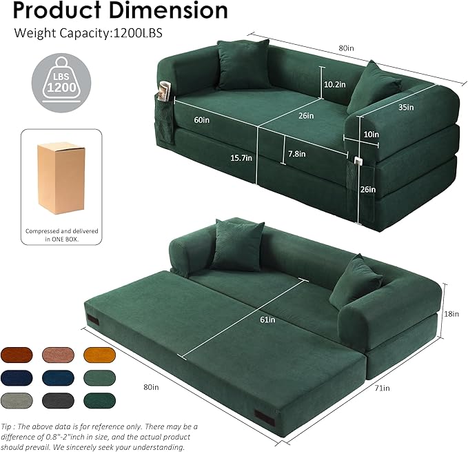 80" Convertible Sofa Bed, Corduroy Deep Seat Folding Pull Out Couch with Pillows, No Assembly Modern Boneless Couch Compression Sofa in Box, Floor Sofa with Storage Pocket for Living Room,Dark Green