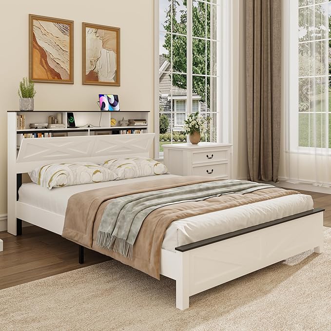 Queen Size Bed Frame with Wooden Storage Headboard, Farmhouse Platform Bedframe with LED Lights and Charging Station, Easy Assembly, No Box Spring Needed (White, Queen)